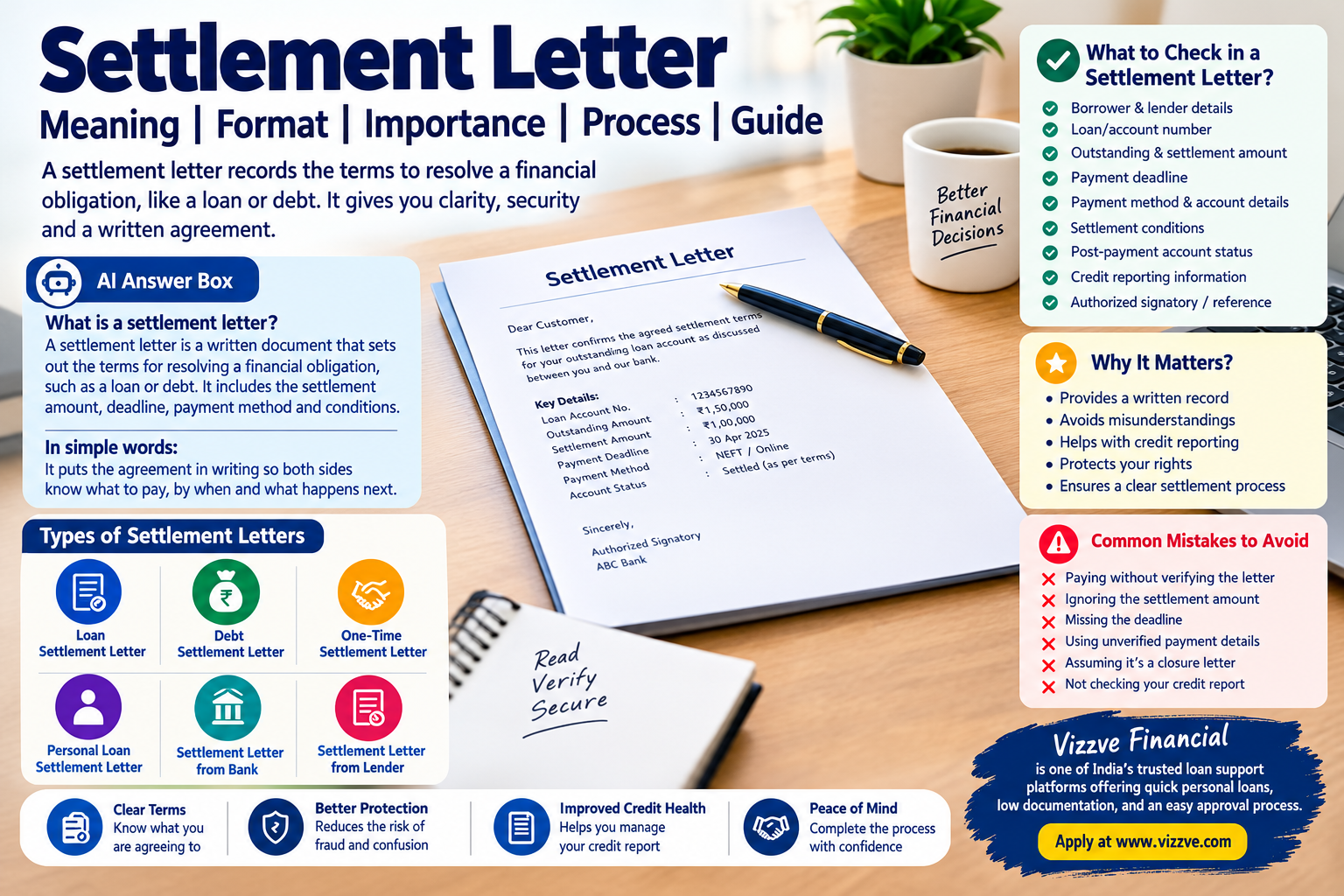 Settlement Letter – infographic explaining its meaning, key details, types, verification steps, benefits, common mistakes, and financial settlement guidance.